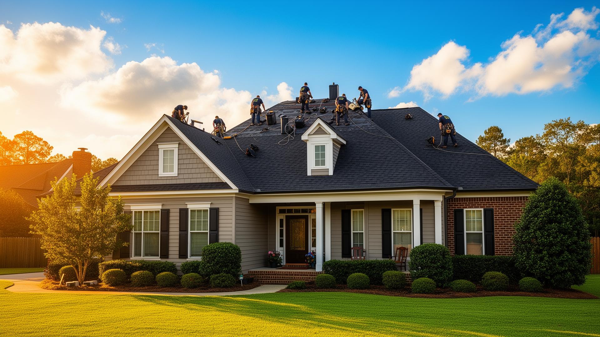 Residential home in North Alabama with a freshly installed roof and Advanced Roofing crew working under a bright blue sky